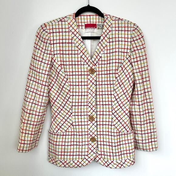 Vintage Oscar De La Renta Studio Plaid Blazer Button Front Jacket Wool Blend USA - Picture 1 of 11